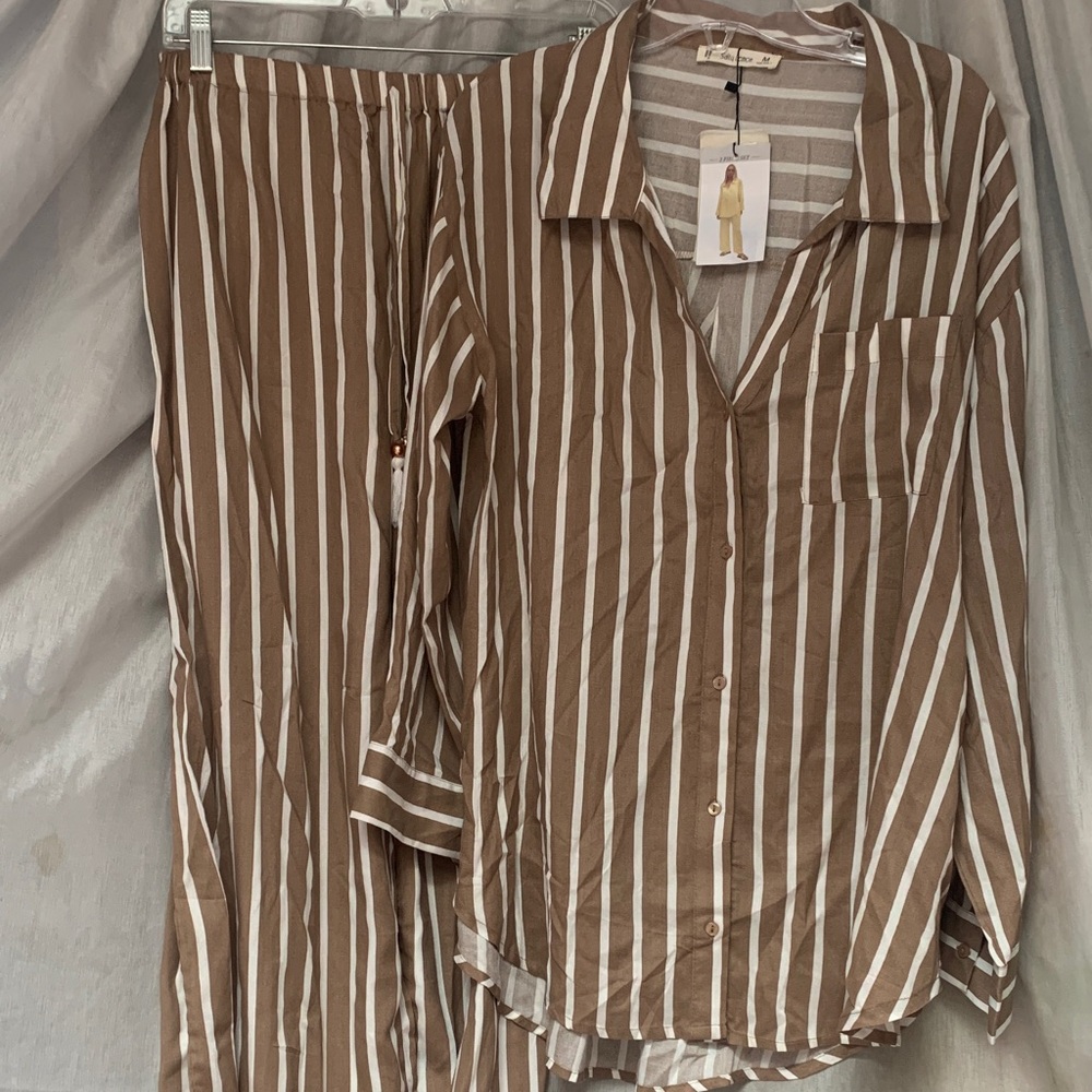 Striped Brown & White Women's Two-Piece Pajama Set